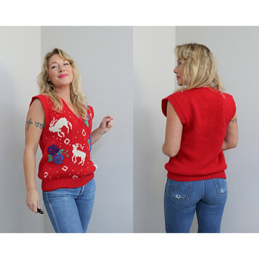 1980's Vintage J. Christopher Handknit Holiday Sweater Vest ~ Women's MD LG XL